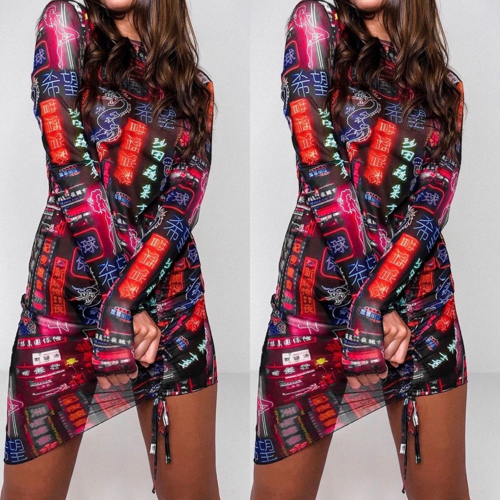 Mesh neon sign print dress